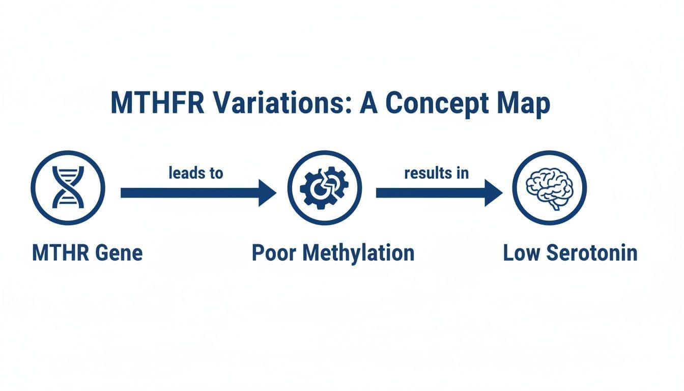 Concept map showing MTHFR gene variations lead to poor methylation and subsequently low serotonin.