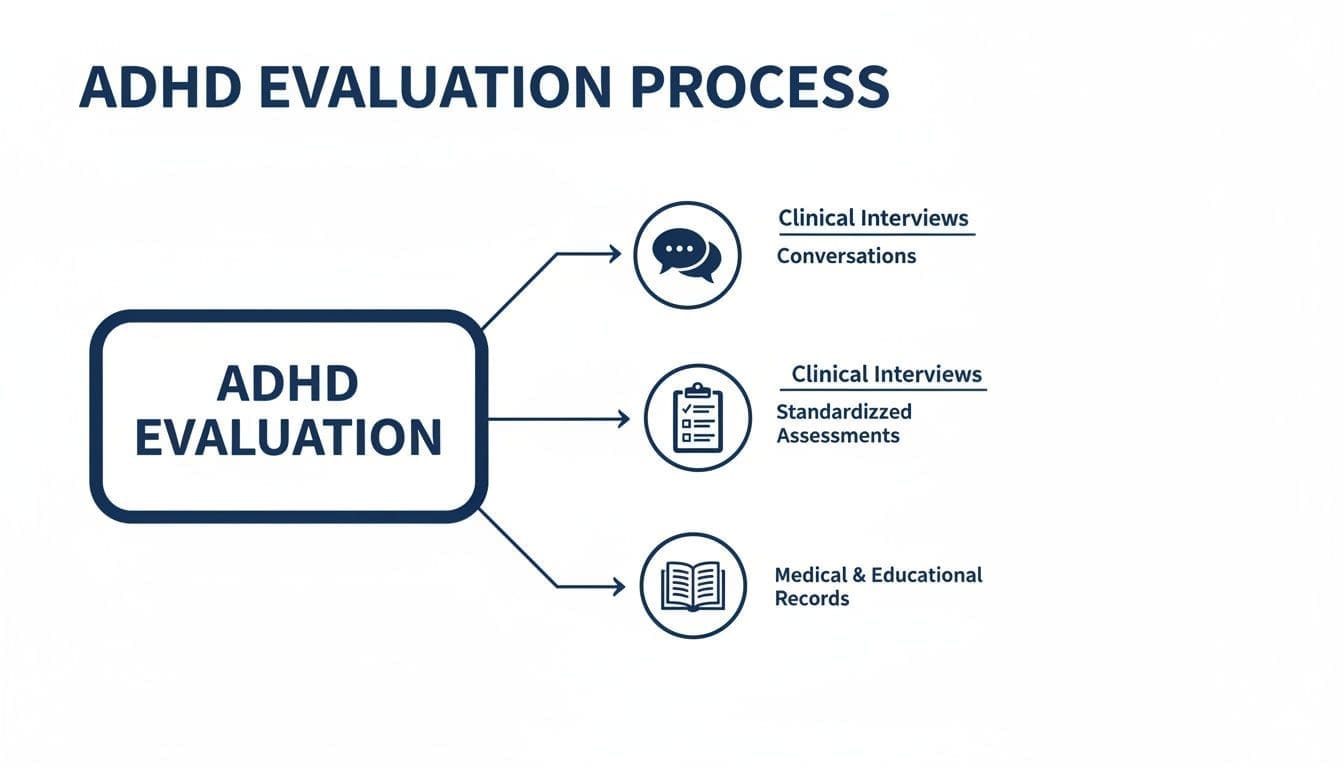 Flowchart illustrating the ADHD evaluation process including clinical interviews, standardized assessments, and records review.