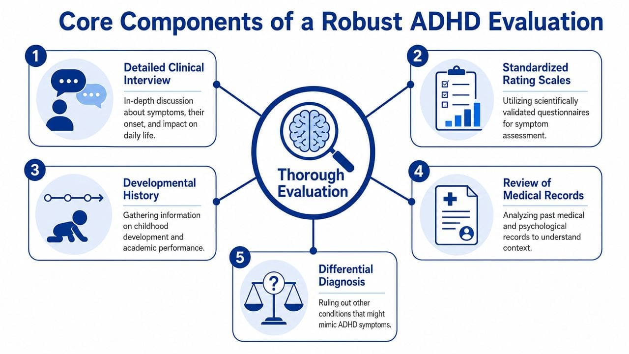 A diagram outlining the five core components of a professional and thorough ADHD clinical evaluation process.