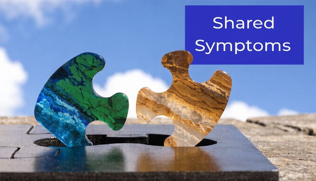 A puzzle piece with blue and green textures beside a golden one symbolizing shared medical symptoms.