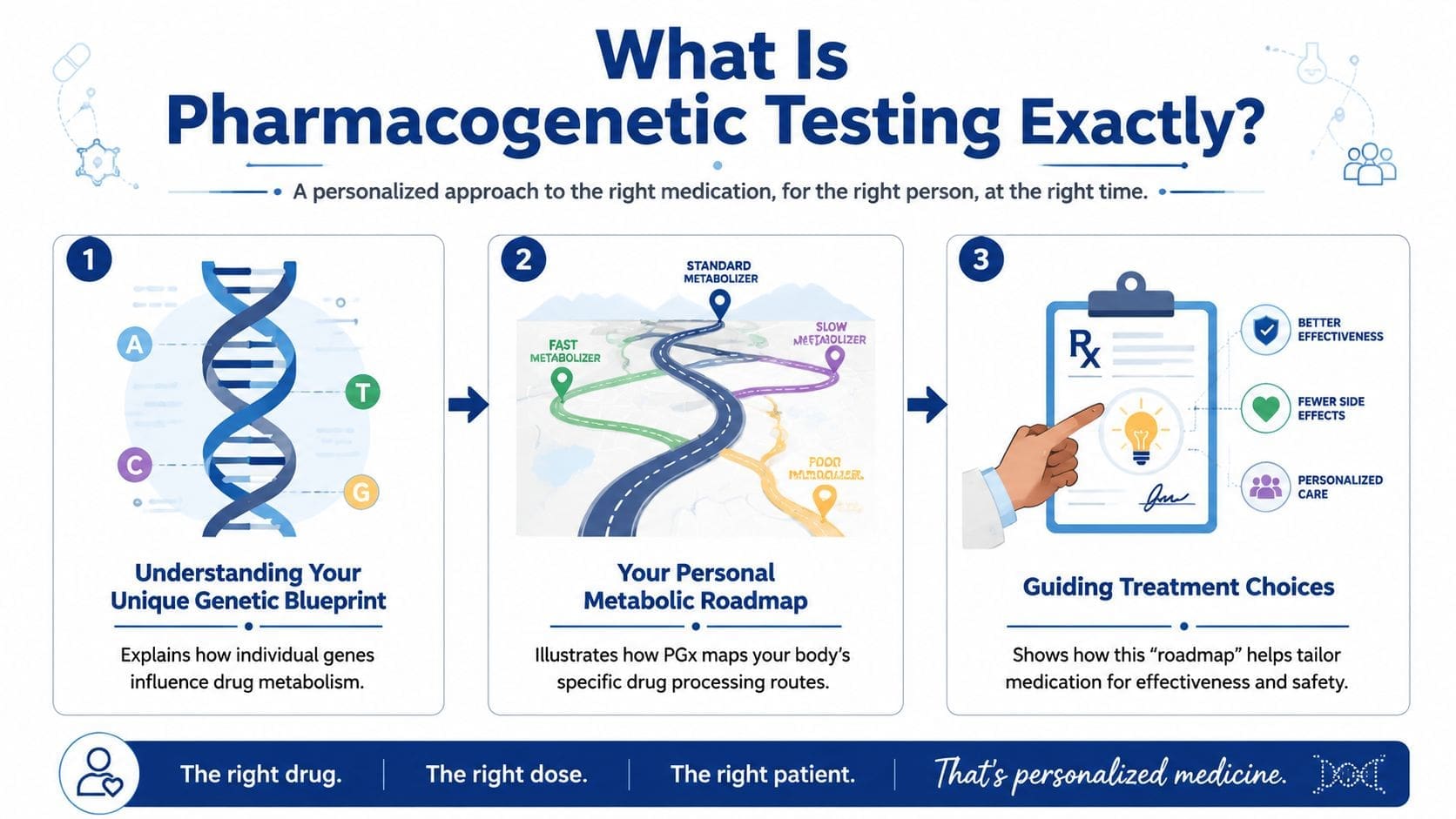 An infographic explaining pharmacogenetic testing as a personalized approach to medication, genes, metabolism, and healthcare.