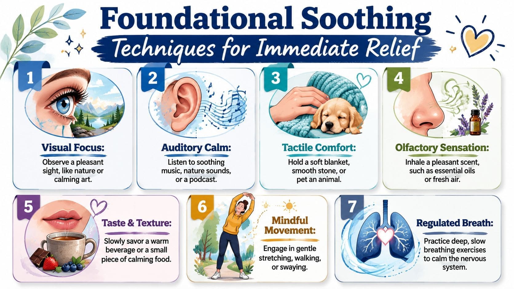 An infographic titled Foundational Soothing Techniques for Immediate Relief illustrating seven ways to calm the mind.