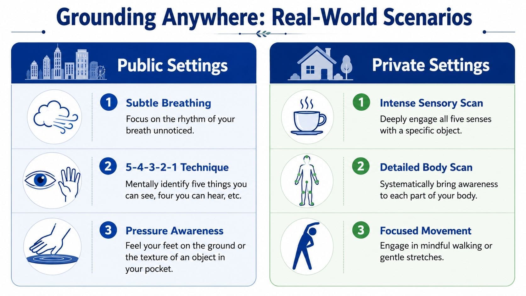 A visual guide outlining grounding techniques for anxiety in both public and private settings for stress relief.