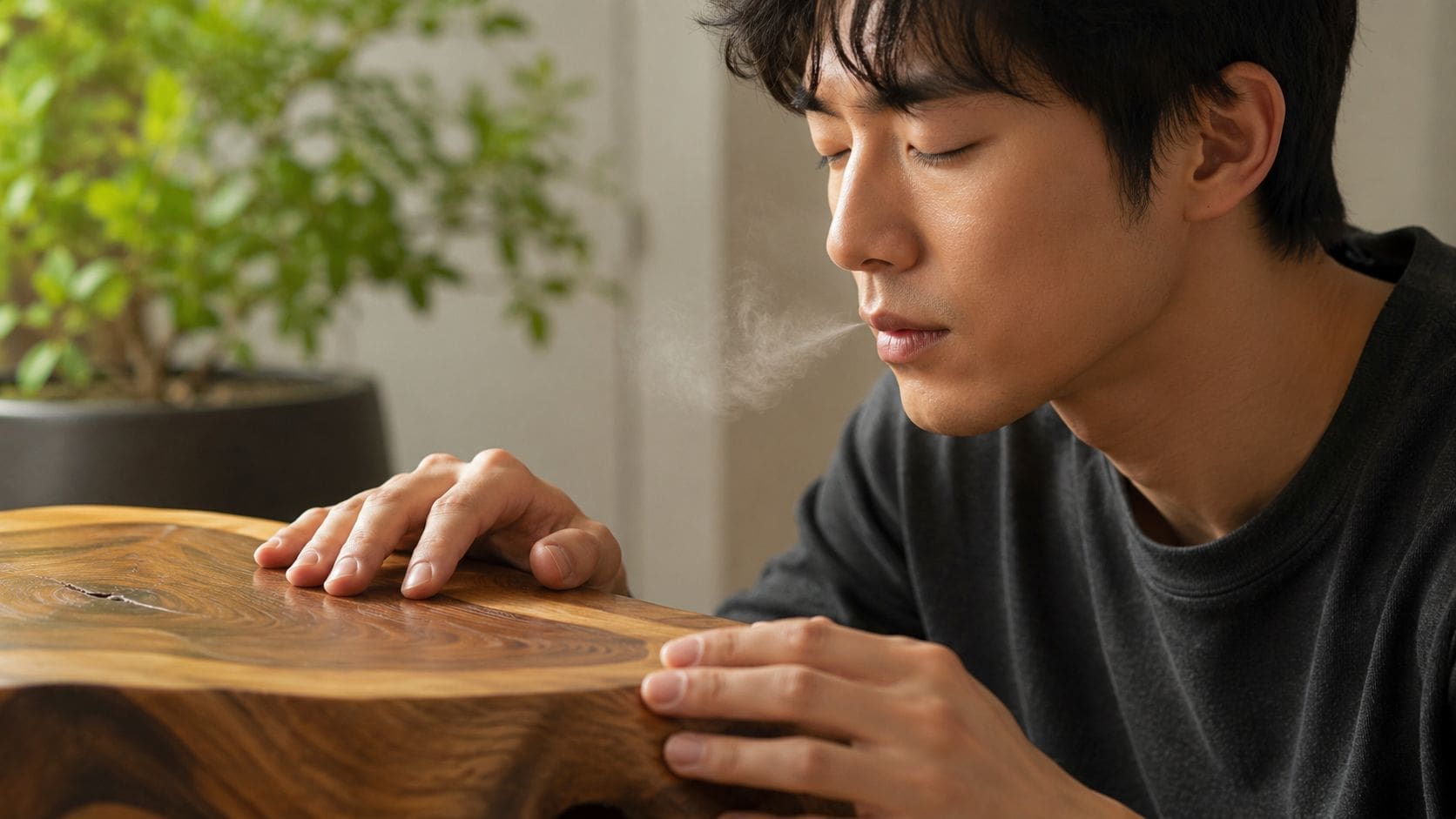 A young man sitting at a wooden table, exhaling a soft puff of breath while practicing mindfulness.