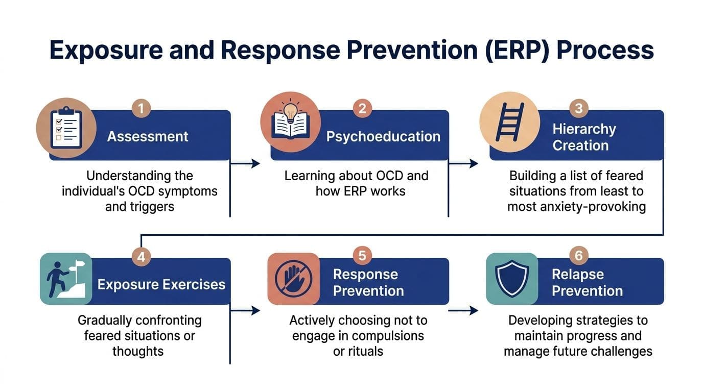 A diagram outlining the six steps of the Exposure and Response Prevention (ERP) process for treating OCD.