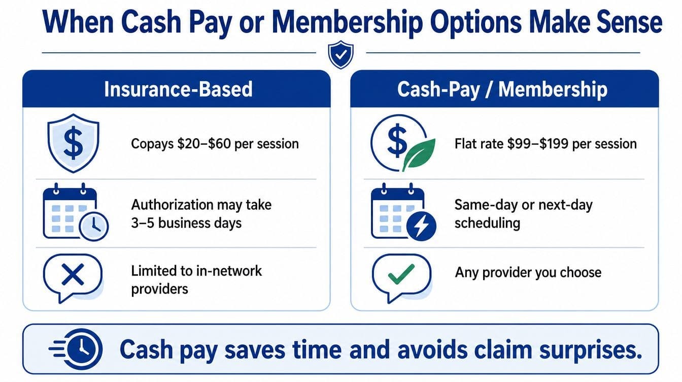 A comparison chart showing the differences between insurance-based payments and cash-pay or membership-based healthcare service options.