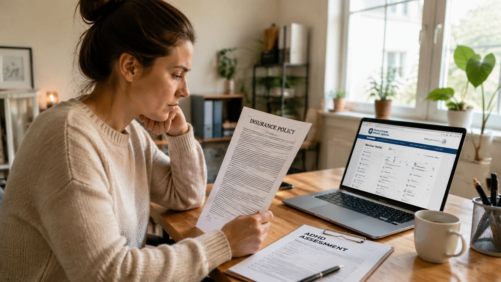 A woman sitting at a wooden desk, reviewing an insurance policy document and an ADHD assessment form.