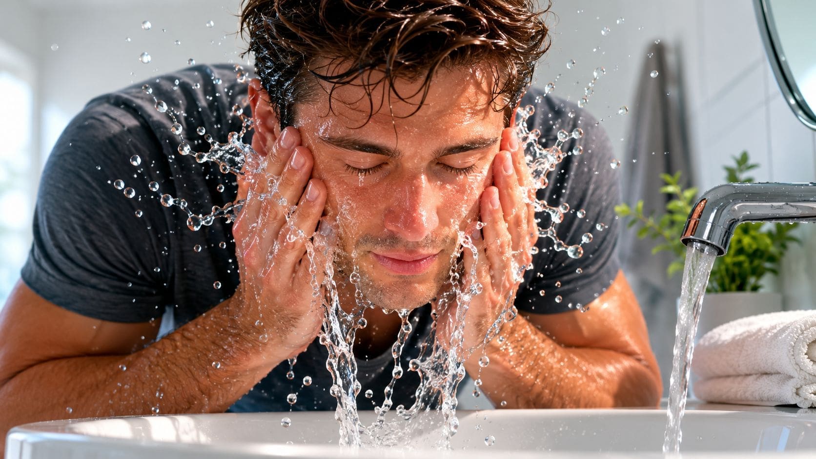 A young man splashes cool water on his face in a bathroom, focusing on his grounding technique.
