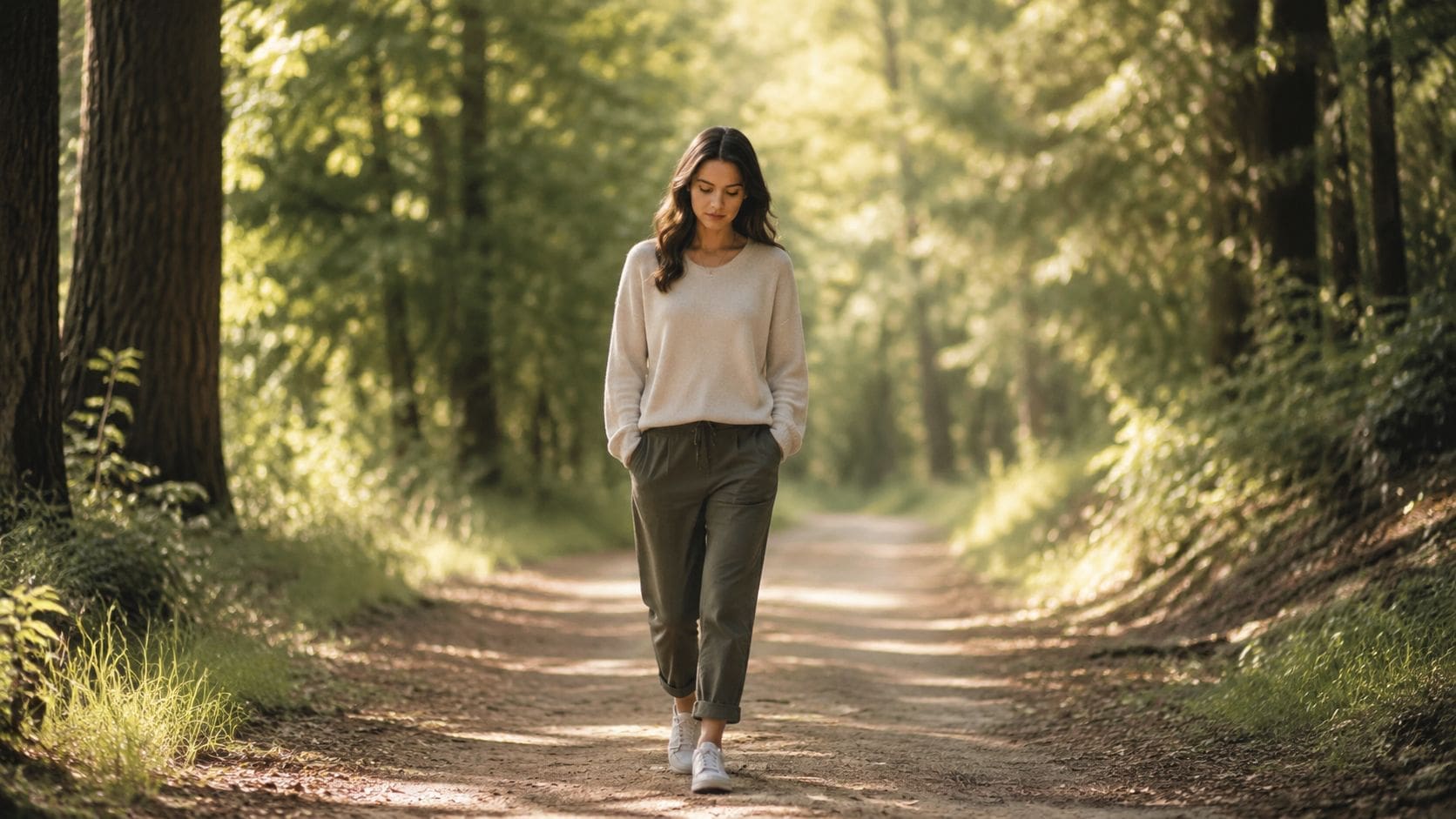 A young woman in casual clothes walking alone down a peaceful dirt path in a sunlit forest.