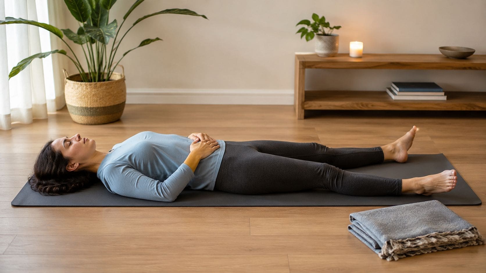 A woman lying on a yoga mat practicing mindfulness meditation or a ptsd grounding technique.