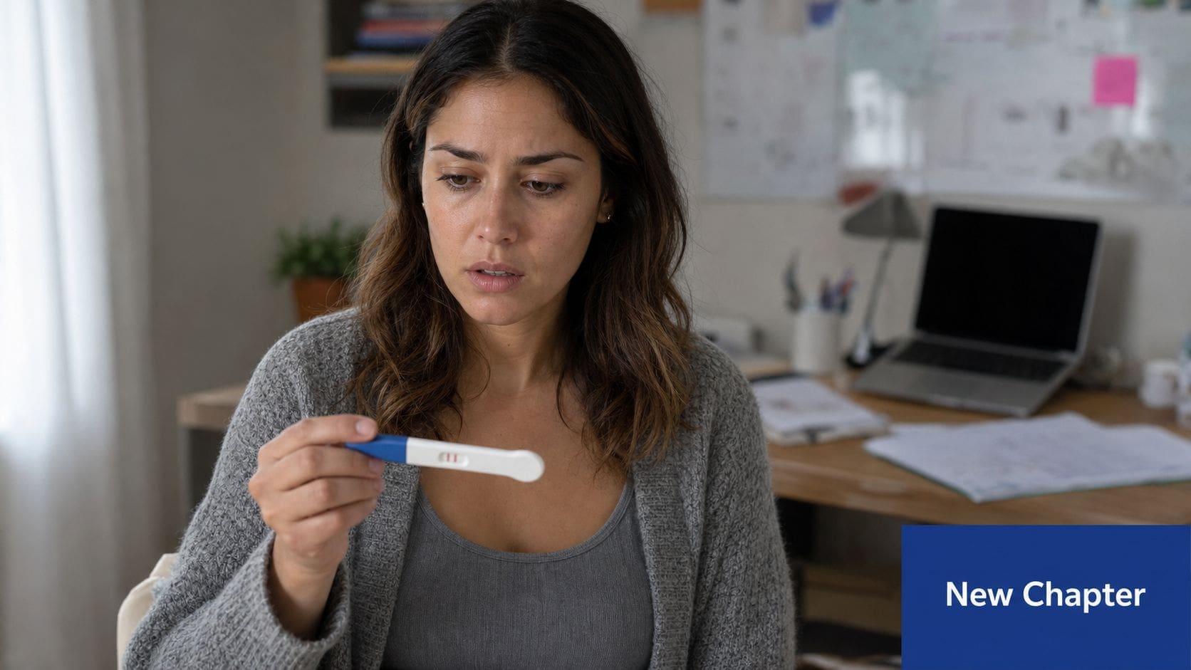 A concerned woman sitting at a desk while looking at a positive home pregnancy test.